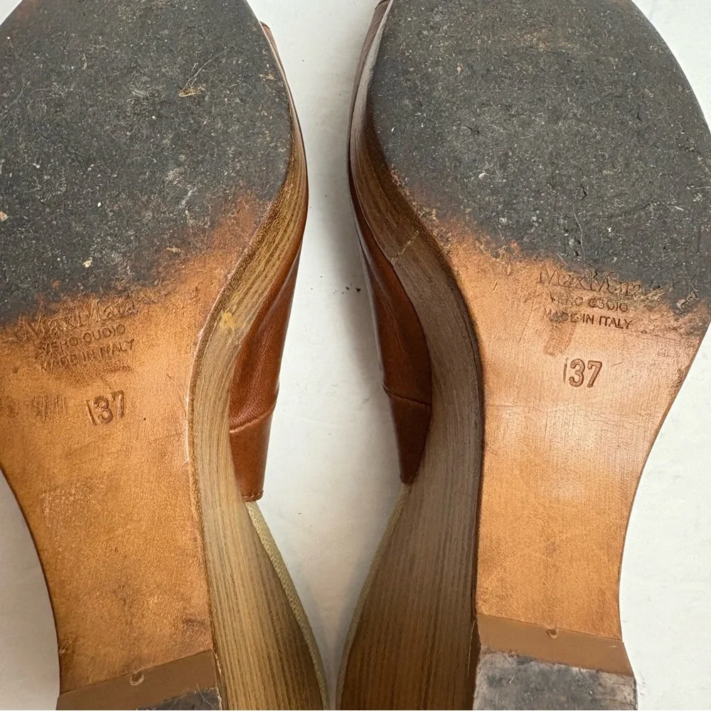 MaxMara Brown Leather Slingback Wedge Sandals Women’s size 37 6.5 Italy - Picture 9 of 10